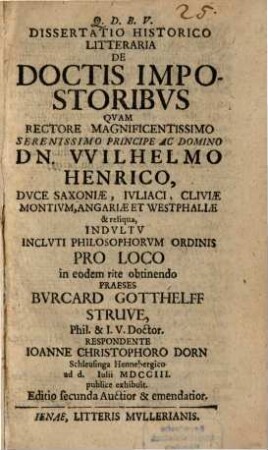 Dissertatio Historico Litteraria De Doctis Impostoribvs