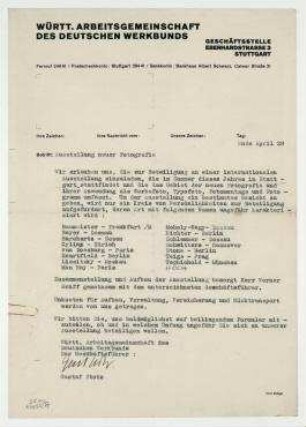 Brief der Württ. Arbeitsgemeinschaft des Deutschen Werkbunds, gez. Gustav Stotz an Hannah Höch. [Stuttgart]. Briefkopf: "WÜRTT. ARBEITSGEMEINSCHAFT DES DEUTSCHEN WERKBUNDS [...]".