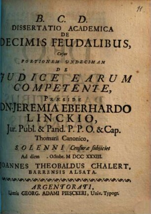 Diss. acad. de decimis feudalibus : cuius portionem undecimam de iudice earum competente