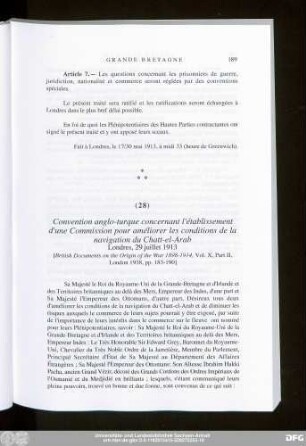(28) Convention anglo-turque concernant l'établissement d'une Commission pour améliorer les conditions de la navigation du Chatt-el-Arab Londres, 29 juillet 1913
