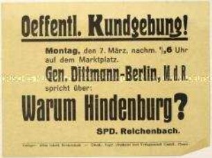Ankündigung einer Kundgebung der SPD am 7. März 1932 in Reichenbach zur bevorstehenden Reichspräsidentenwahl