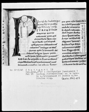Stuttgarter Passionale — Pars hiemalis (erster Band) — Initiale P (etronellam), darin die heilige Petronella, Folio 55recto