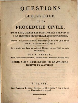 Quéstions sur le code de la procédure civile