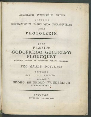 Dissertatio Inauguralis Medica Sistens Observationem Pathologico Therapeuticam Circa Photorexin