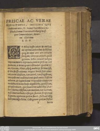 Priscae Ac Verae Nobilitatis, Insignis Que eruditionis viro, D. Ioanni Vuernhero à Rischach, Domus Teutonicae Friburgi Brisgoae Commendatori, Henricus Glareanus S.D.P.