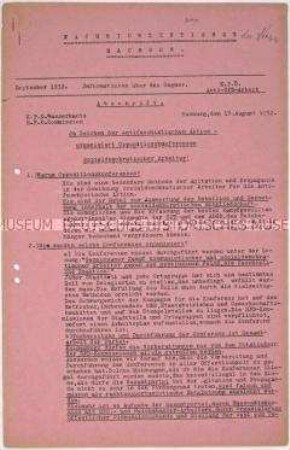 Hektografierte Materialsammlung der NSDAP Sachsen mit der Abschrift eines Informationsblattes der SPD-Kommission BL Wasserkante zur Organisation von Oppositionskonferenzen
