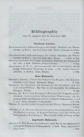 Bibliographie vom 15. August bis 15. October 1861.