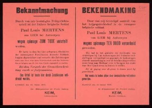 "Bekanntmachung" der Verurteilung und Erschiessung des belgischen Soldaten Paul Louis Mertens aus Lier bei Antwerpen