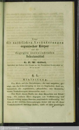 Über die natürlichen Veränderungen organischer Körper und die dagegen anzuwendenden Schutzmittel
