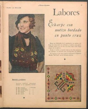 Labores [Fotografía y dibujo] : Echarpe con motivo bordado en punto cruz
