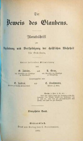 Der Beweis des Glaubens : Monatsschr. zur Begründung u. Verteidigung d. christlichen Wahrheit für Gebildete, 14. 1878