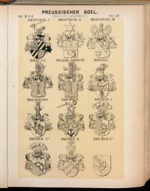 Taf. 23. Brauneck. I. - Brauneck. II. - Brauneck. III. - Brause. - Müller v. Brause. - Bredau. - Brederlow. - Brehmer. - Bremer. I. - Bremer. Iᵃ. - Bremer. II. - Bremer. IIᵃ.