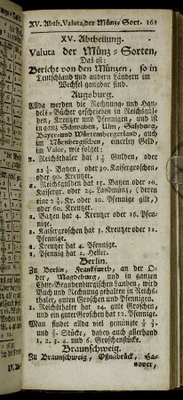XV. Abtheilung. Valuta der Münz-Sorten,[...]