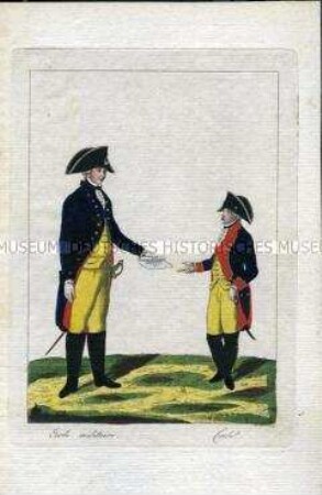 Uniformdarstellung, Offizier und Kadett des Kadetten-Korps, Königreich Preußen, 1789, Tafel aus: Horvath: Preussische Armee-Uniformen unter der Regierung Friedrich Wilhelm II.