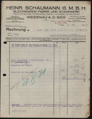 Firmenbriefkopf Heinrich Schaumann, Fabrik für Blecharbeiten und Apparatebau