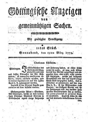 11tes Stück. Sonnabend, den 13ten März 1779.