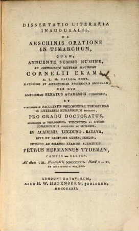 Dissertatio literaria inauguralis de Aeschinis oratione in Timarchum
