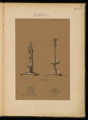 Laufbrunnen, Berlin Monatskonkurrenz April 1855: 2 Varianten in Grundriss und perspektivische Ansicht, bzw. Aufriss