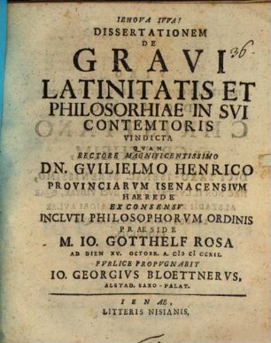 Diss. de gravi latinitatis et philosophiae in sui contemtores vindicta