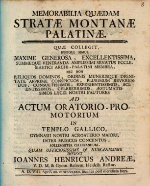 Memorabilia Quaedam Stratae Montanae Palatinae