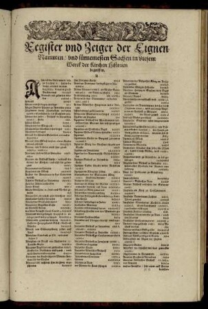 Register und Zeiger der Eignen Nammen und fürnemesten Sachen in diesem Werck der Kirchen Historien begriffen.