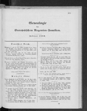 Genealogie der Europäischen Regenten-Familien. Februar 1890.