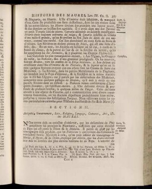 Section II. Antiquité, Gouvernement, Loix, Religion, Langage, Coutumes, Artes etc. des Maures.