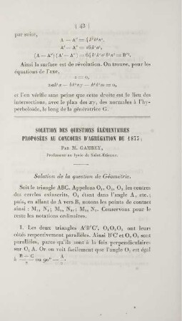 Solution des Questions élémentaires proposées au concours d'agrégation de 1875.