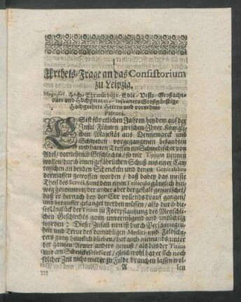 I. Urthels-Frage an das Consistorium zu Leipzig.