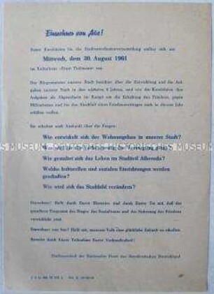 Propagandaflugblatt der Nationalen Front Aue zur Wahl der Stadtverordnetenversammlung 1961