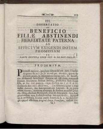 III. De Beneficio filiæ abstinendi hereditate paterna ad effectum exigendidotem promissam