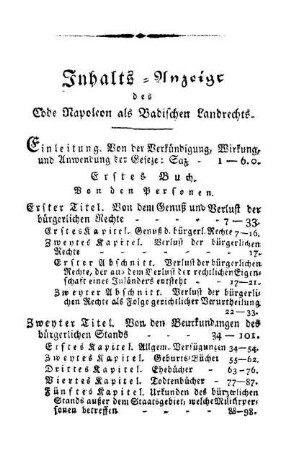 Inhalts-Anzeige des Code Napoleon als Badischen Landrechts.