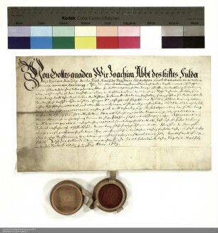 Joachim [von Gravenegg], Abt von Fulda, genehmigt den Verkauf eines Hofs in Soisdorf und Stendorf an Johann Michael von Hochstetten, Dechant von Fulda und Propst von Neuenberg