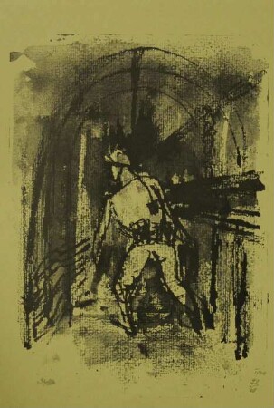 Druckgrafik einer Tuschezeichnung, Bergmann in der Strecke (Titel alter Karteikarte)
