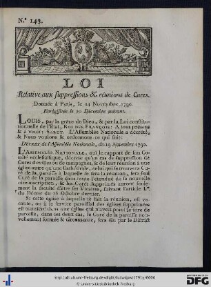 Loi Relative aux suppressions & réunions de Cures.