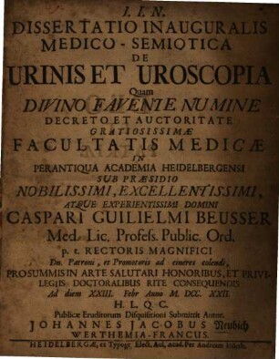 Dissertatio Inauguralis Medico-Semiotica De Urinis Et Uroscopia