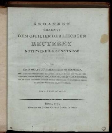 Gedanken Über Einige Dem Officier Der Leichten Reuterey Nothwendige Kenntnisse : Mit XIV Kupfertafeln