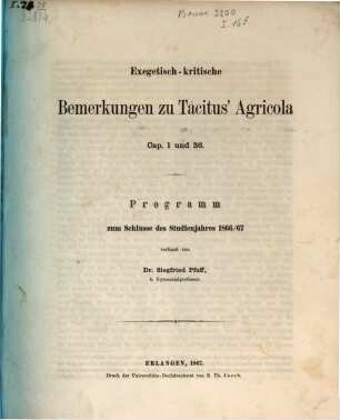 Exegetisch-kritische Bemerkungen zu Tacitus' Agricola : Cap. 1 und 36