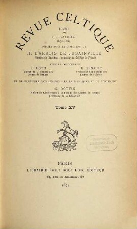 Revue celtique. 15. 1894