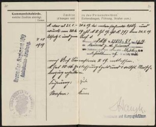 Militärpaß von Max Hermann Angermann : Militärpass, aufgeschlagen, Seite [30] und [31], von Grenadier Max Hermann Angermann (1. Ersatz-Bataillon, 1. (Leib-) Grenadier-Regiment No 100, 1. Kompanie), ausgestellt am 5. Februar 1916, Dippoldiswalde. Dresden: SLUB Mscr.Dresd.Aut.3079