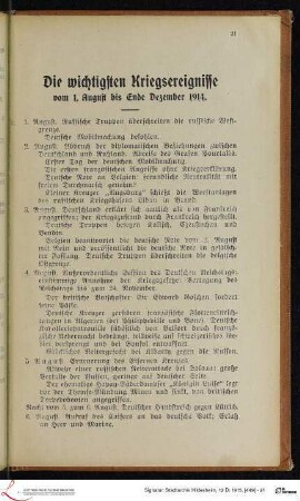 Die wichtigsten Kriegsereignisse vom 1. August bis Ende Dezember 1914.