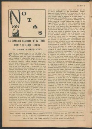 Notas - La Comisión Nacional de la Tradición y su labor futura : Una sugestión de nuestra revista