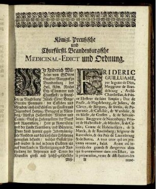 Königl. Preußische und Churfürstl. Brandenburgische Medicinal-Edict und Ordnung.