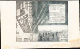 Integrierte künstlerische Gestaltung des bewohnten Volksparks auf dem ehem. Potsdamer Güterbahnhof, Berlin-Kreuzberg Schinkelwettbewerb 1990: Lageplan und perspektivische Ansicht