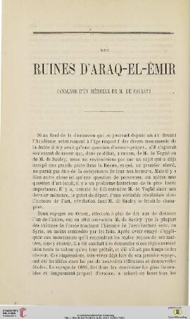 N.S. 11.1865: Les ruines d'Araq-el-Émir : Analyse d'un mémoire de M. de Saulcy