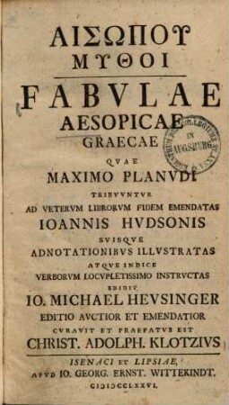 Aisōpu Mythoi : = Fabvlae Aesopicae Graecae