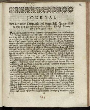 Journal Von der unter Commando des Herrn Feld-Zeugmeisters Baron von Laudohn stehenden Kaiserl. Königl. Armee, von 2. bis 7. Julii, 1760.
