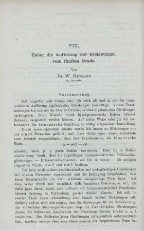 VIII. Ueber die Auflösung der Gleichungen vom fünften Grade.
