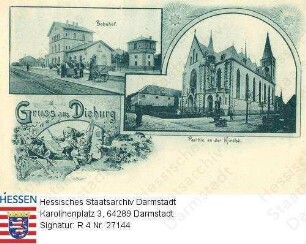 Dieburg, Katholische Pfarrkirche und Bahnhof / 2 Außenansichten auf Grußpostkarte