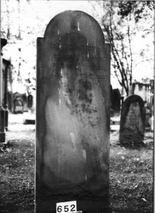 Grabstein 652 (Index: 99630154) Material: Sandstein Zustand: leicht verwittert Maße HxBxT: 167x64x8 cm Beschreibung: Stele mit eingezogenem Rundbogenabschluß: Grabstein 652